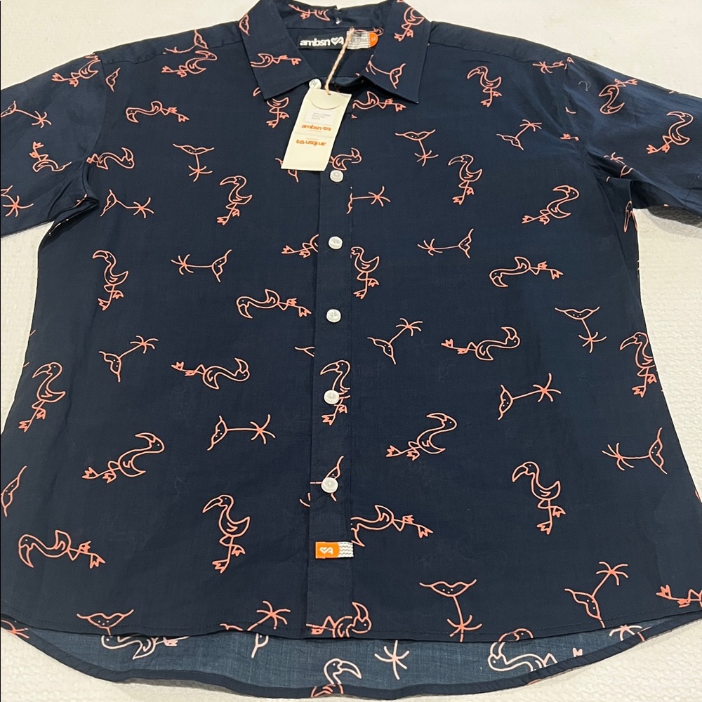 Ambsn California Navy Flamingo Print Men's Shirt NWT